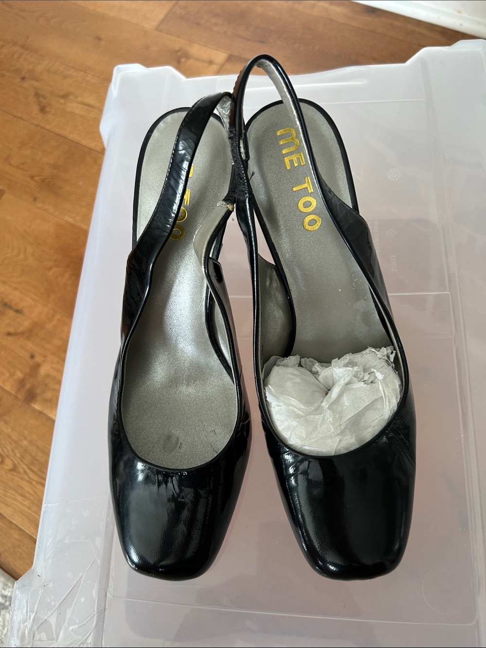 me too Black Patent Slingback Mules with Square Toe
